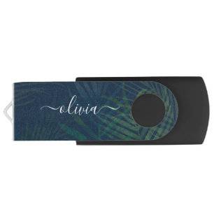 Dark Green Palm Leaves USB Flash Drive Custom Name