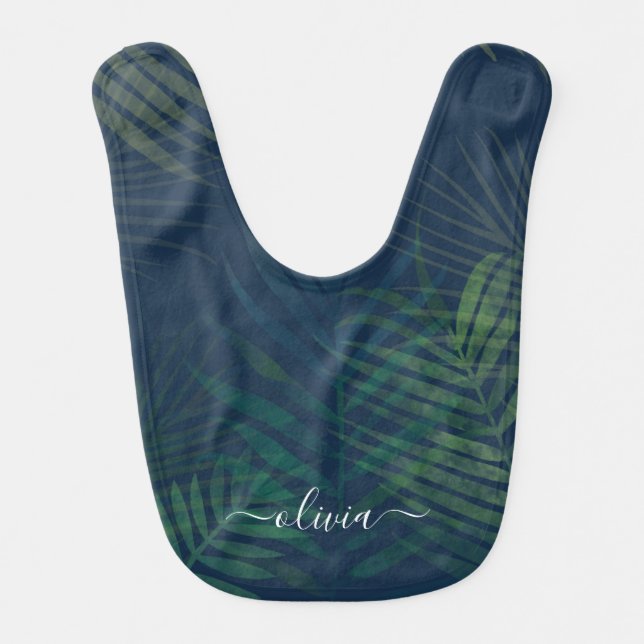 Dark green palms leaves pattern baby bib (Front)