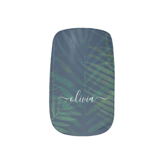 Dark green palms leaves pattern minx nail art (Left Thumb)