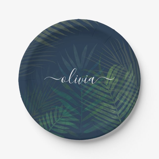 Dark green palms leaves pattern paper plates (Front)