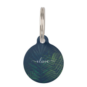 Dark Green Palms Leaves Pattern Pet ID Tag, Tropic Tag
