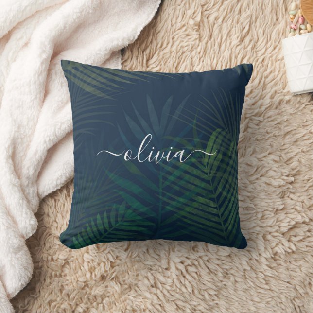 Dark Green Palms Leaves Pattern Throw Pillow  (Blanket)