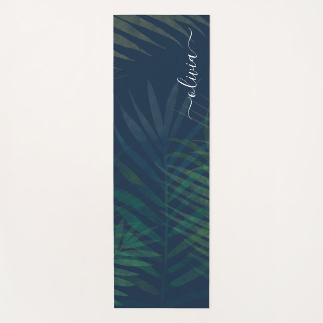Dark green palms leaves pattern yoga mat (Front)