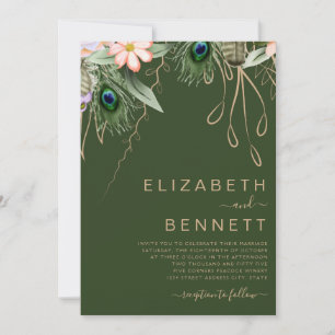 Dark Green Peacock Feather Wedding Invitation