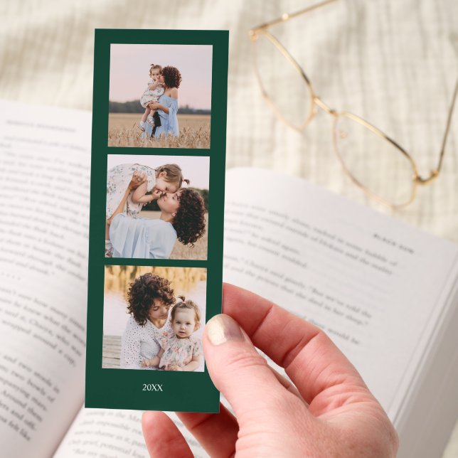 Dark Green Personalized 3 Square Photos and text  Bookmarks (Hand)