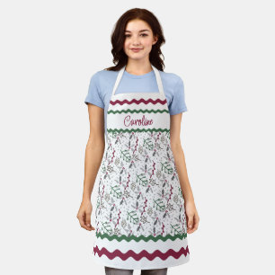 Dark Green Pine Needles Red Holly Berries Pattern Apron