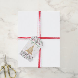 Dark Green Pine Needles Red Holly Berries Pattern Gift Tags