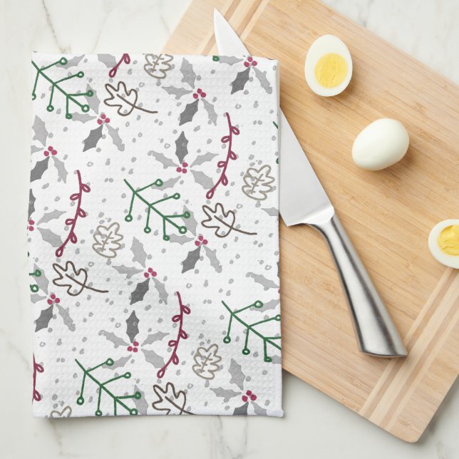 Dark Green Pine Needles Red Holly Berries Pattern Kitchen Towel (Quarter Fold)