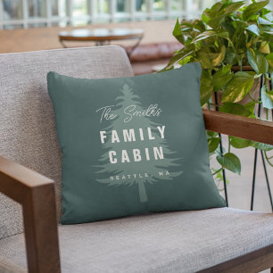 Dark Green Pine Tree Family Cabin Custom Name Throw Pillow