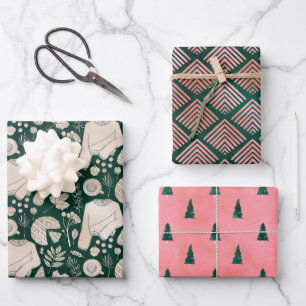 Dark Green & Pink Chic Holiday Wrapping Paper Sheets
