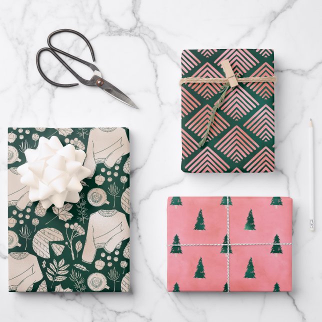 Dark Green & Pink Chic Holiday Wrapping Paper Sheets (Front)