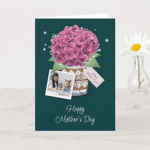 Dark Green Pink Flower 2 Photo Mothers Day Card