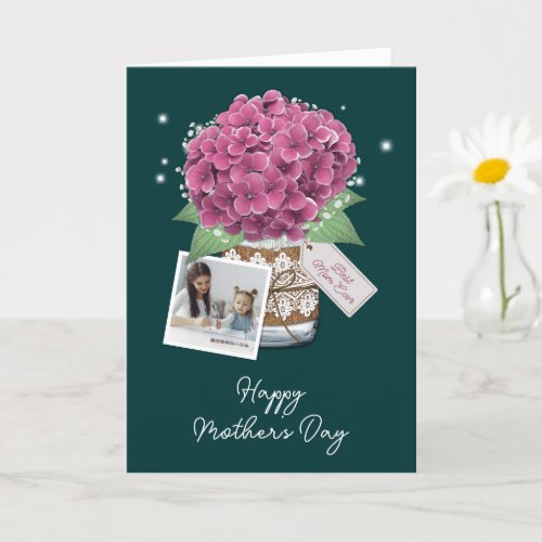 Dark Green Pink Flower 2 Photo Mothers Day Card