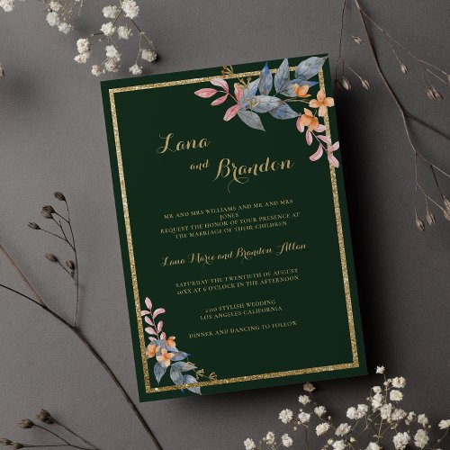 Dark green pink orange gray floral theme Wedding Invitation