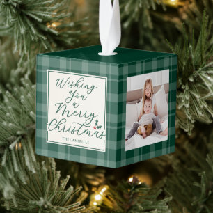 Dark Green Plaid Christmas Three Photo Cube Ornament