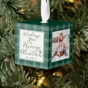 Dark Green Plaid Christmas Three Photo Cube Ornament