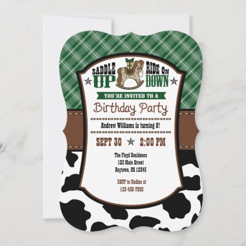 Dark Green Plaid Cowhide Cowboy Birthday Invite