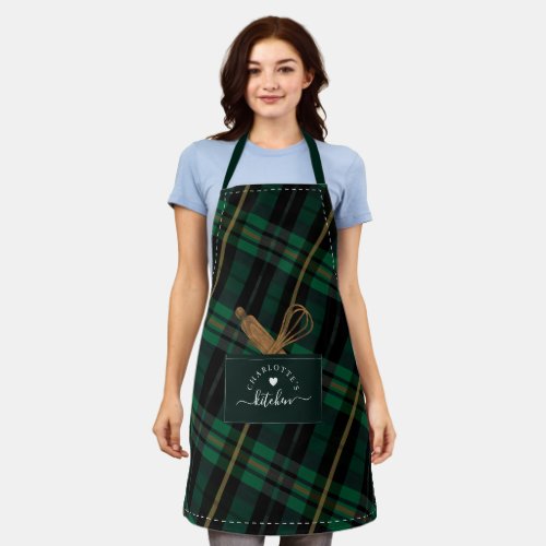 Dark Green Plaid Fake Pocket  Wooden Spoon Whisk Apron