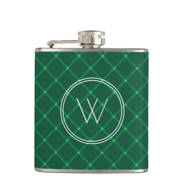 Dark green plaid festive custom monogram flask (Front)