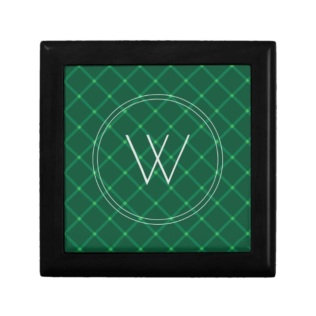 Dark green plaid festive custom monogram flask gift box (Front)