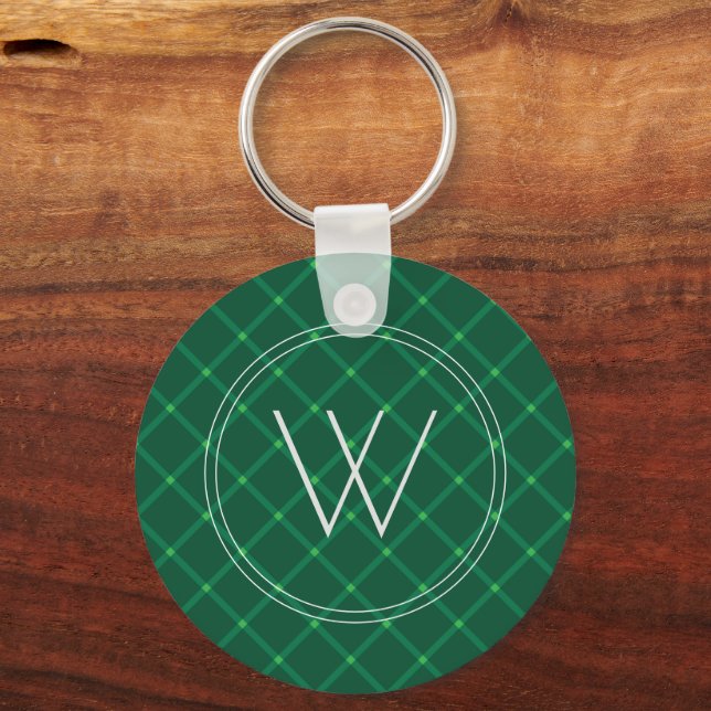 Dark green plaid festive custom monogram  keychain (Front)
