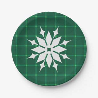 Dark green plaid festive snowflake paper plate