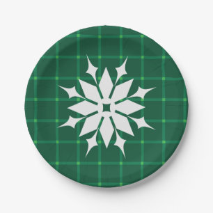 Dark green plaid festive snowflake paper plates