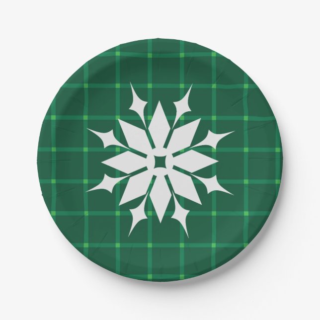 Dark green plaid festive snowflake paper plates (Front)