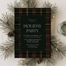 Dark Green Plaid Holiday Party Invitation