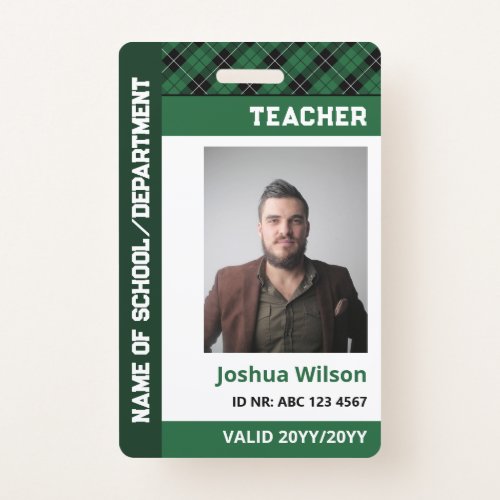 Dark Green Plaid Photo ID School Teacher Badge
