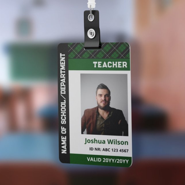 Dark Green Plaid Photo ID School Teacher Badge (Creator Uploaded)