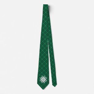 Dark green plaid winter holidays snowflake  neck tie