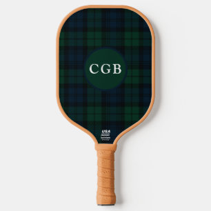 Dark Green Plaid with Monogram Carbon Fiber Pickleball Paddle
