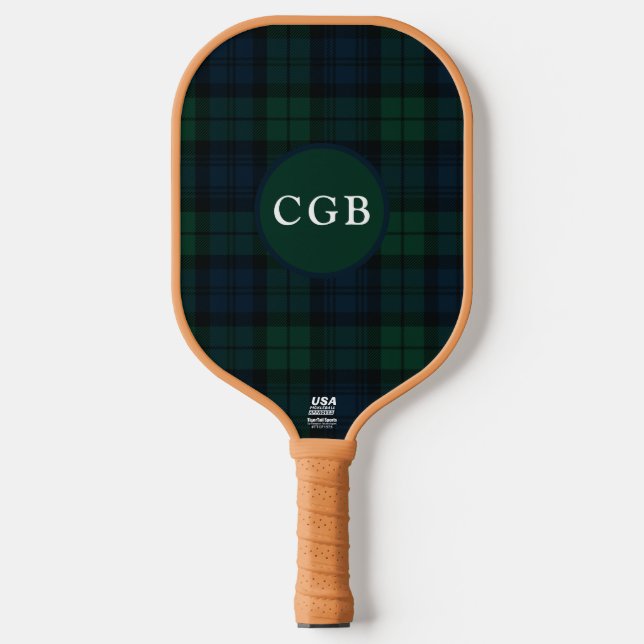Dark Green Plaid with Monogram Carbon Fiber Pickleball Paddle (Front)