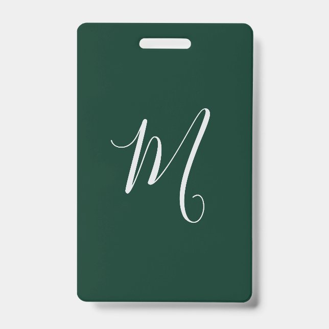 Dark Green Plain Elegant Modern Own Name Monogram Badge (Front)