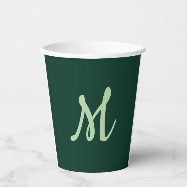 Dark Green Plain Elegant Modern Own Name Monogram Paper Cups (Front)