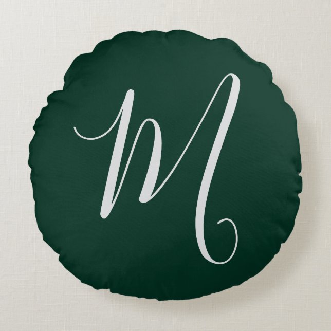 Dark Green Plain Elegant Modern Own Name Monogram Round Pillow (Front)