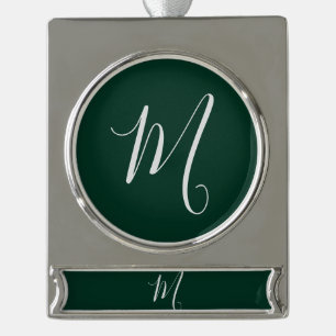 Dark Green Plain Elegant Modern Own Name Monogram Silver Plated Banner Ornament