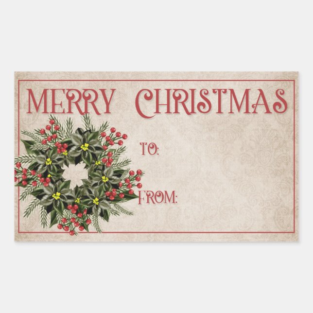 Dark Green Poinsetta Wreath | Merry Christmas Rectangular Sticker (Front)