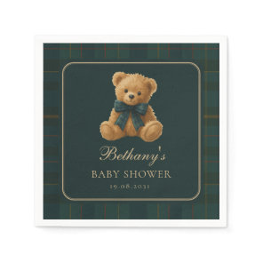 Dark Green Polo Tartan Teddy Bear Baby Shower Napkins