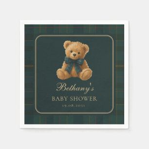 Dark Green Polo Tartan Teddy Bear Baby Shower Napkins