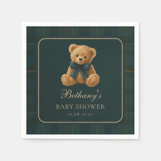 Dark Green Polo Tartan Teddy Bear Baby Shower Napkins (Front)