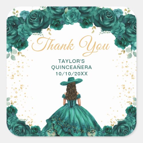 Dark Green Princess Charro Quinceaera Thank You Square Sticker