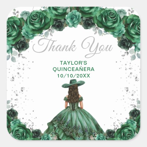 Dark Green Princess Charro Quinceaera Thank You Square Sticker