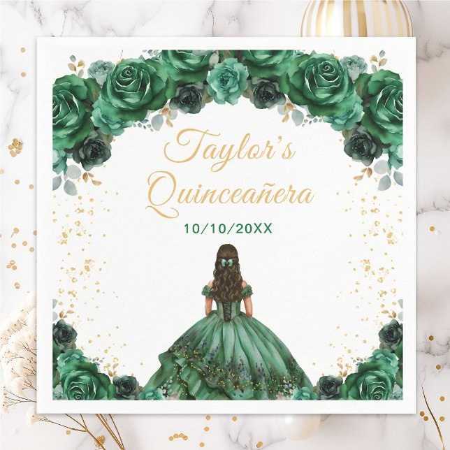 Dark Green Princess Floral Quinceañera Napkins (Creator Uploaded)