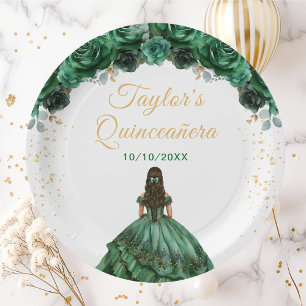 Dark Green Princess Floral Quinceañera Paper Plates