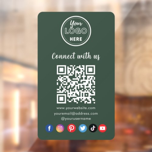 Dark Green QR Code Connect With Us Social Media Window Cling