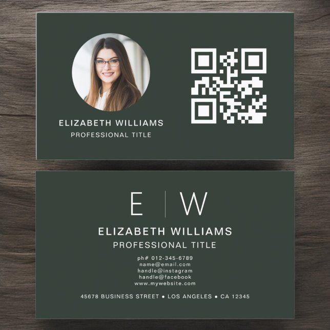 Dark Green QR Code Photo Monogram Minimalist Business Card (Creator Uploaded)