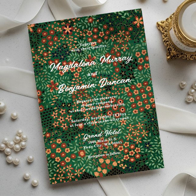 Dark Green Red Art Tapestry Textile Floral Wedding Foil Invitation (Creator Uploaded)