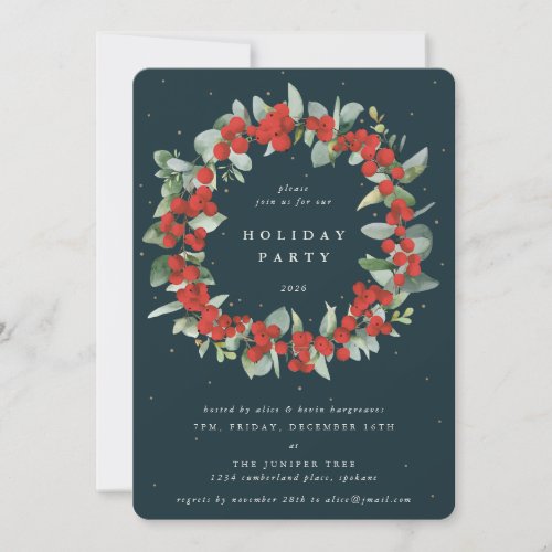 Dark Green Red BerriesEucalyptus Christmas Party Invitation